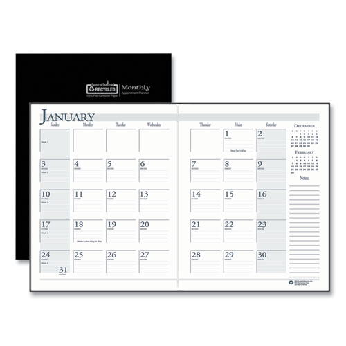 RECYCLED RULED PLANNER WITH STITCHED LEATHERETTE COVER, 10 X 7, BLACK, 2020-2022