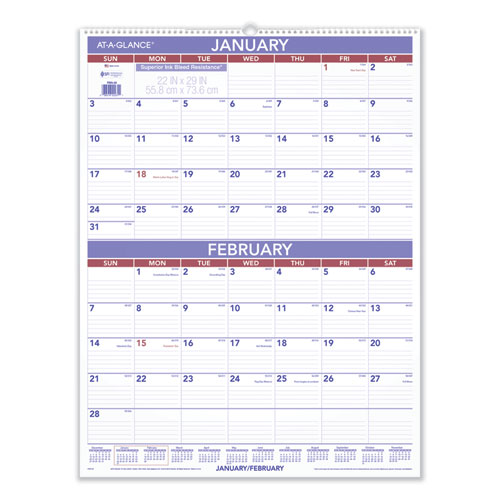 Two-Month Wall Calendar, 22 x 29, White/Blue/Red Sheets, 12-Month (Jan to Dec): 2022