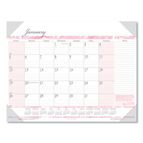 Image of Recycled Monthly Desk Pad Calendar, Breast Cancer Awareness Artwork, 18.5 x 13, Black Binding/Corners,12-Month(Jan-Dec): 2023