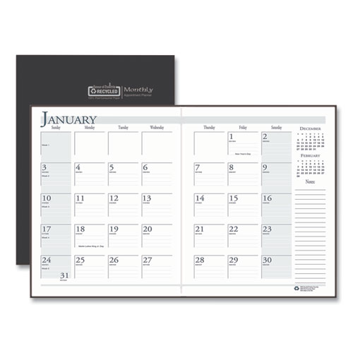 RECYCLED RULED PLANNER WITH STITCHED LEATHERETTE COVER, 11 X 8.5, BLACK, 2020-2022