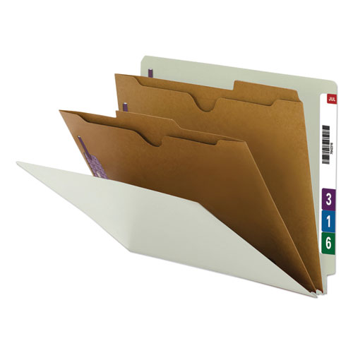 X-Heavy End Tab Pressboard Classification Folders w/SafeSHIELD Fasteners, 2-Pocket Dividers, Letter Size, Gray-Green, 10/Box