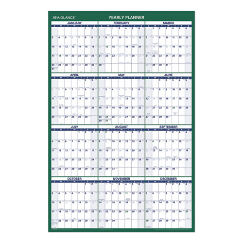 Vertical Erasable Wall Planner, 24 x 36, White/Green Sheets, 12-Month (Jan to Dec): 2022