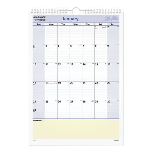 AT-A-GLANCE® QuickNotes Wall Calendar, 12 x 17, White/Blue/Yellow Sheets, 12-Month (Jan to Dec): 2024