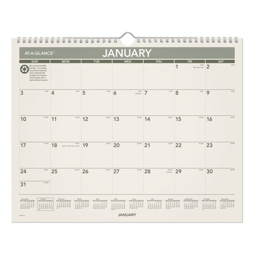AT-A-GLANCE® Recycled Wall Calendar, Unruled Blocks, 15 x 12, Sand/Green Sheets, 12-Month (Jan to Dec): 2024