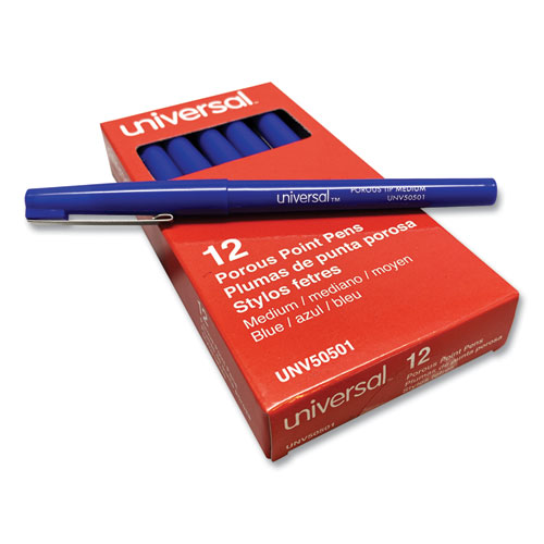 Universal™ Porous Point Pen, Stick, Medium 0.7 Mm, Blue Ink, Blue Barrel, Dozen