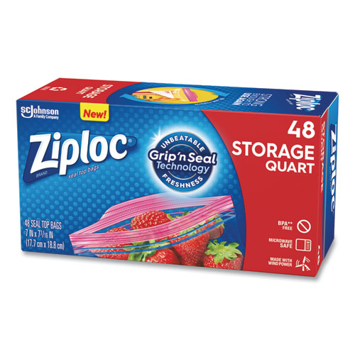Image of Ziploc® Double Zipper Storage Bags, 1 Qt, 1.75 Mil, 9.63" X 8.5", Clear, 48/Box