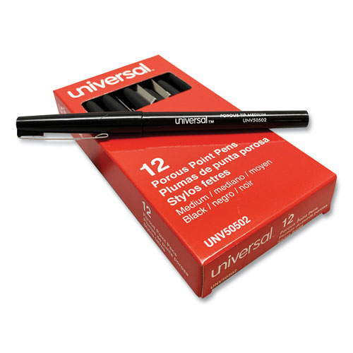 Universal™ Porous Point Pen, Stick, Medium 0.7 Mm, Black Ink, Black Barrel, Dozen