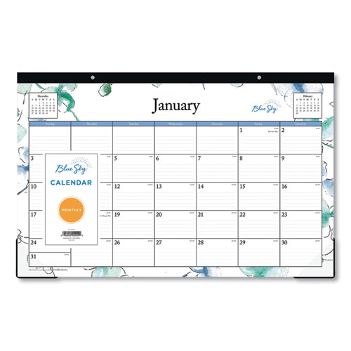 Blue Sky® Lindley Desk Pad, Floral Artwork, 17 x 11, White/Blue/Green Sheets, Black Binding, Clear Corners, 12-Month (Jan-Dec): 2024