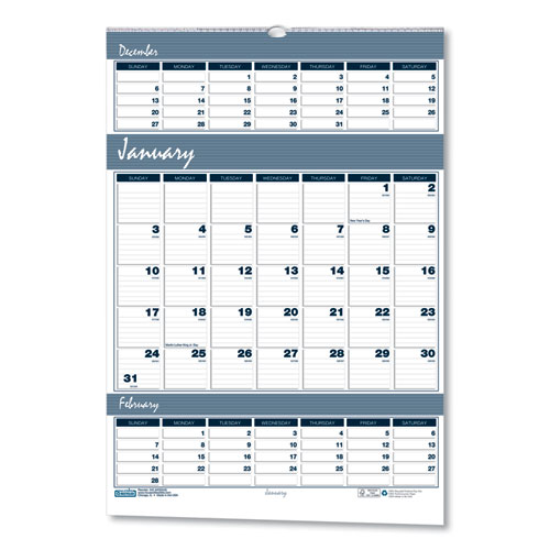 House of Doolittle™ Bar Harbor Recycled Wirebound 3-Months-per-Page Wall Calendar, 15.5 x 22, White/Blue/Gray Sheets, 14-Month(Dec-Jan):2023-2025