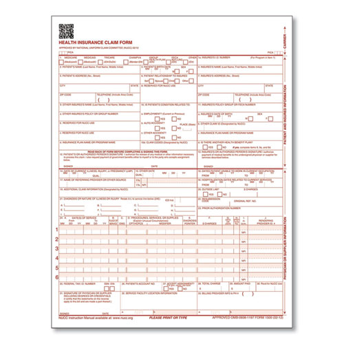 CMS Health Insurance Claim Form, One-Part, 8.5 x 11, 100 Forms