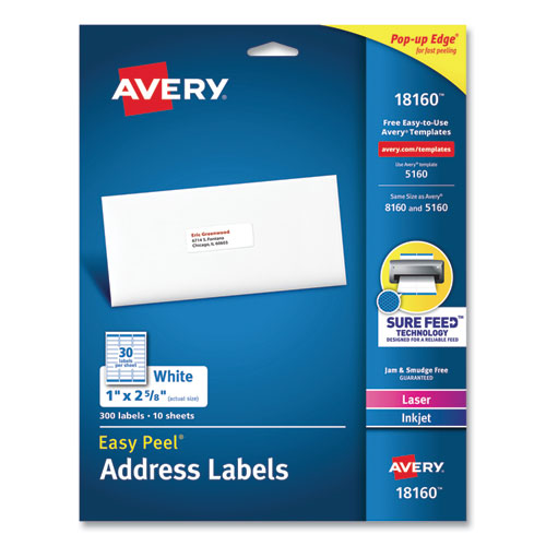 Easy Peel White Address Labels with Sure Feed Technology, Inkjet Printers, 1 x 2.63, White, 30/Sheet, 10 Sheets/Pack