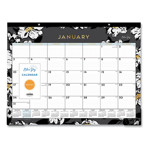 Blue Sky® Baccara Dark Desk Pad, Baccara Dark Floral Artwork, 22 x 17, White/Black Sheets, Black Binding, 12-Month (Jan to Dec): 2024