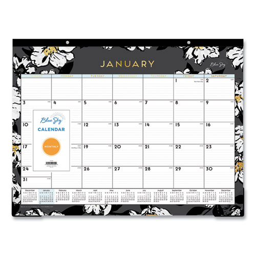 Image of Blue Sky® Baccara Dark Desk Pad, Baccara Dark Floral Artwork, 22 X 17, White/Black Sheets, Black Binding, 12-Month (Jan To Dec): 2024