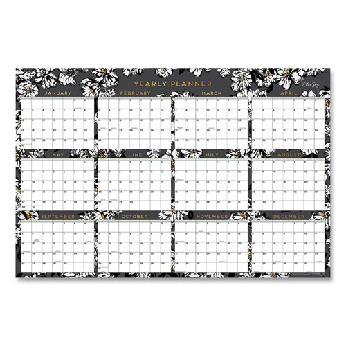 Baccara Dark Laminated Erasable Wall Calendar, Floral Artwork, 36 x 24, White/Black/Gold Sheets, 12-Month (Jan-Dec): 2023