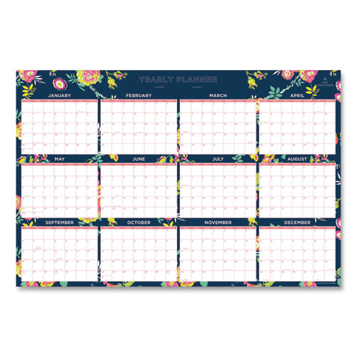 Image of Day Designer Peyton Laminated Erasable Wall Calendar, Floral Artwork, 36 x 24, White/Navy Sheets, 12-Month (Jan-Dec): 2023