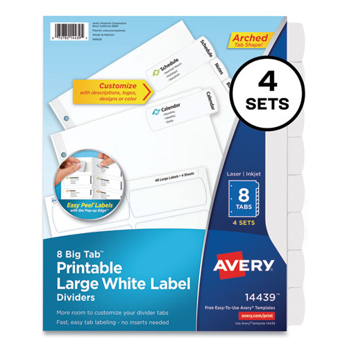 Big Tab Printable Large White Label Tab Dividers, 8-Tab, 11 x 8.5, White, 4 Sets