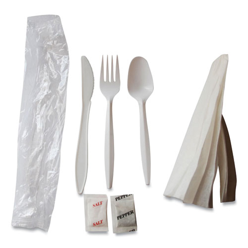Image of Berkley Square Mediumweight Cutlery Kit, Plastic Fork/Spoon/Knife/Salt/Pep/Napkin, White, 250/Carton