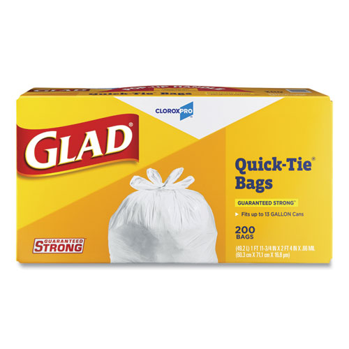 Glad® Tall Kitchen Quick-Tie Bags, 13 Gal, 0.66 Mil, 23.75" X 28", White, 200/Box