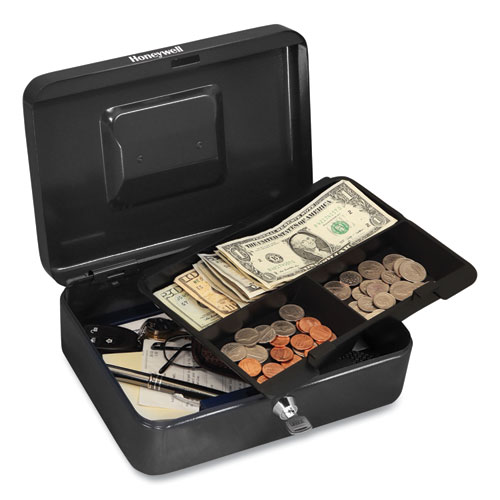 Cash Management Box, Removable Cash Tray, 7.9 x 6.5 x 3.5, Steel, Black