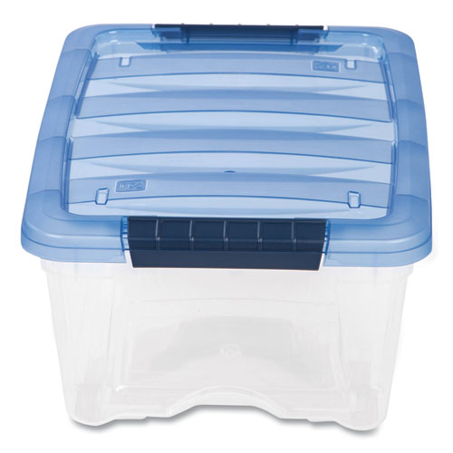 Image of Iris Stack And Pull Latching Flat Lid Storage Box, 3.23 Gal, 10.9" X 16.5" X 6.5", Clear/Translucent Blue