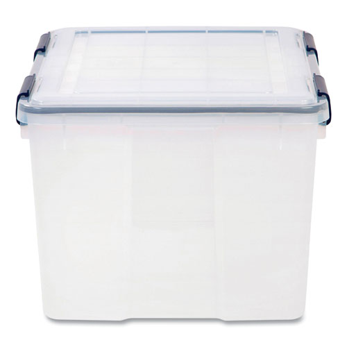 Stack And Pull Latching Flat Lid Storage Box, 6.73 Gal, 16.5 X 22 X 6.5,  Clear/translucent Blue | Bundle of 10 Each