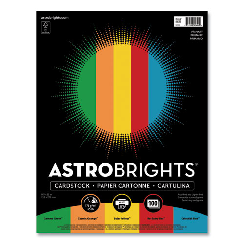 Astrobrights® Color Cardstock -"Primary" Assortment, 65 lb Cover Weight, 8.5 x 11, Assorted Primary Colors, 100/Pack