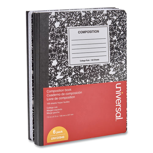 Image of Composition Book, Medium/College Rule, Black Marble Cover, 9.75 x 7.5, 100 Sheets, 6/Pack