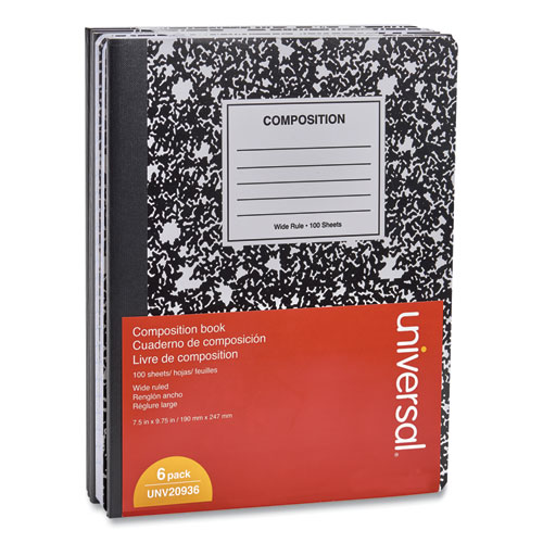 Image of Composition Book, Wide/Legal Rule, Black Marble Cover, 9.75 x 7.5, 100 Sheets, 6/Pack