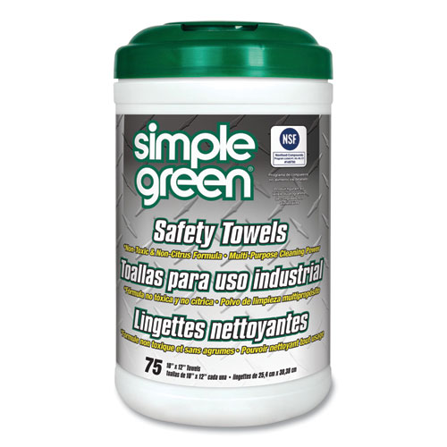 Simple Green® Safety Towels, 1-Ply, 10 X 11.75, White, Unscented, 75/Canister, 6 Canisters/Carton
