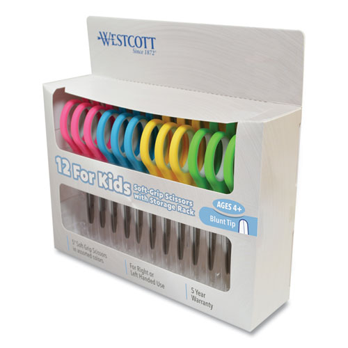 Westcott® Soft Handle Kids Scissors, Pointed Tip, 5" Long, 1.75" Cut Length, Assorted Straight Handles, 12/Pack