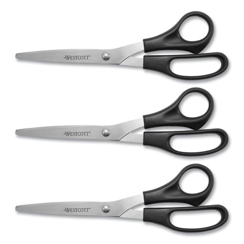 ALL PURPOSE STAINLESS STEEL SCISSORS, 8" LONG, 3.5" CUT LENGTH, BLACK STRAIGHT HANDLE