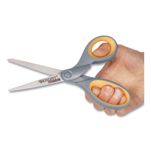 Image of Westcott® Titanium Bonded Scissors, 8" Long, 3.5" Cut Length, Gray/Yellow Straight Handles, 2/Pack