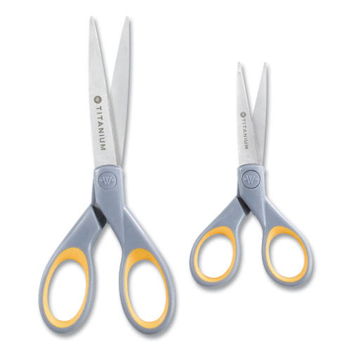 Image of Titanium Bonded Scissors, 5" and 7" Long, 2.25" and 3.5" Cut Lengths, Gray/Yellow Straight Handles, 2/Pack