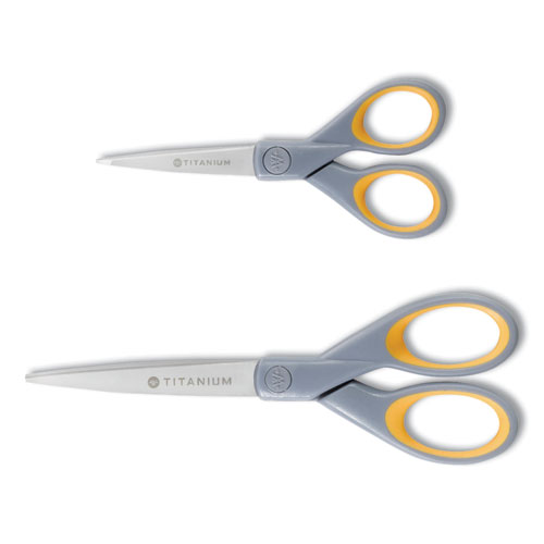 Titanium Bonded Scissors, 5" and 7" Long, 2.25" and 3.5" Cut Lengths, Gray/Yellow Straight Handles, 2/Pack