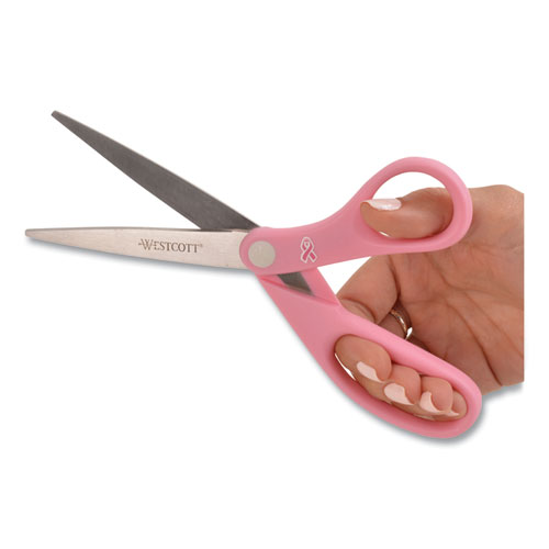 Image of All Purpose Pink Ribbon Scissors, 8" Long, 3.5" Cut Length, Pink Straight Handle