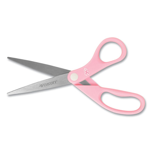 Image of Westcott® All Purpose Pink Ribbon Scissors, 8" Long, 3.5" Cut Length, Pink Straight Handle