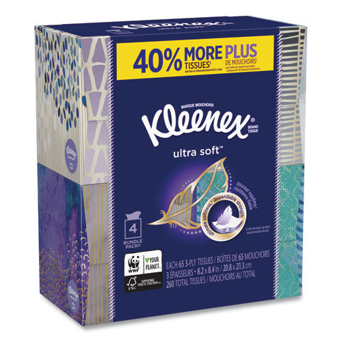Image of Ultra Soft Facial Tissue, 3-Ply, White, 8.75 x 4.5, 65 Sheets/Box, 4 Boxes/Pack