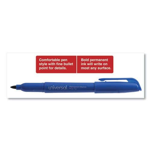 Image of Universal™ Pen-Style Permanent Marker, Fine Bullet Tip, Blue, Dozen