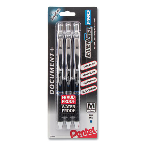 Pentel® Energel Pro Gel Pen, Retractable, Medium 0.7 Mm, Blue Ink, Black Barrel, 3/Pack