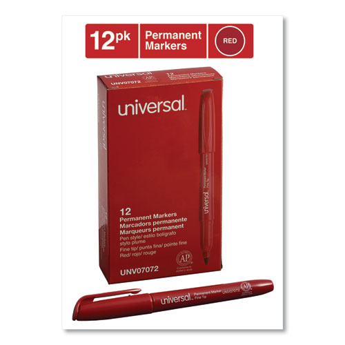 Image of Pen-Style Permanent Marker, Fine Bullet Tip, Red, Dozen