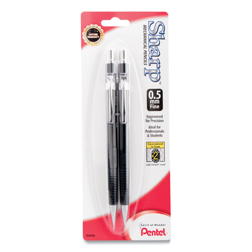 Pentel® Sharp Mechanical Pencil, 0.5 mm, HB (#2), Black Lead, Black Barrel, 2/Pack