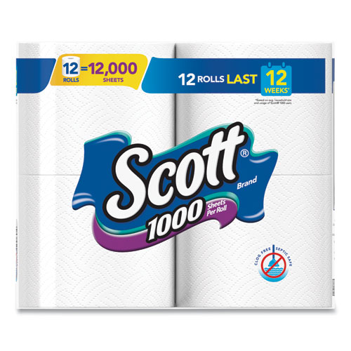 TOILET PAPER, SEPTIC SAFE, 1-PLY, WHITE, 1000 SHEETS/ROLL, 12 ROLLS/PACK, 4 PACK/CARTON