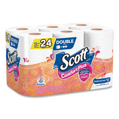 Image of Scott® Comfortplus Toilet Paper, Double Roll, Bath Tissue, Septic Safe, 1-Ply, White, 231 Sheets/Roll, 12 Rolls/Pack, 4 Packs/Carton