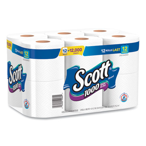 Toilet Paper, Septic Safe, 1-Ply, White, 1000 Sheets/Roll, 12 Rolls/Pack, 4 Pack/Carton