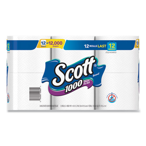 Toilet Paper, Septic Safe, 1-Ply, White, 1000 Sheets/Roll, 12 Rolls/Pack, 4 Pack/Carton