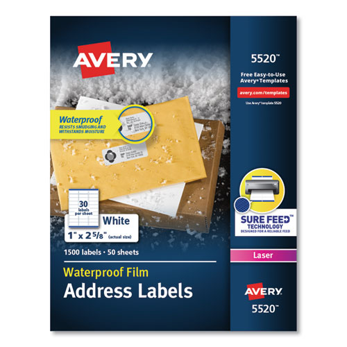 Avery® Waterproof Address Labels with TrueBlock and Sure Feed, Laser Printers, 1 x 2.63, White, 30/Sheet, 50 Sheets/Pack