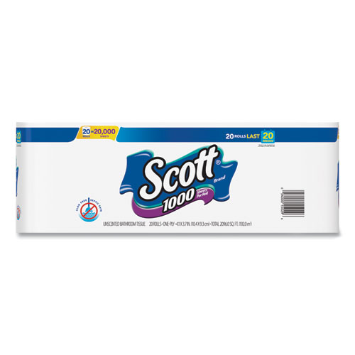 Image of Scott® Standard Roll Bathroom Tissue, Septic Safe, 1-Ply, White, 1,000 Sheets/Roll, 20/Pack, 2 Packs/Carton