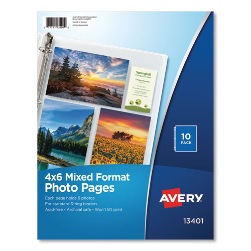 Image of Photo Storage Pages for Six 4 x 6 Mixed Format Photos, 3-Hole Punched, 10/Pack