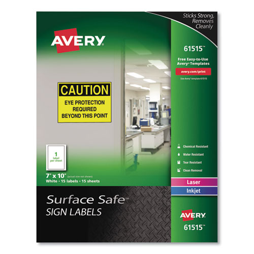 Avery® Surface Safe Removable Label Safety Signs, Inkjet/Laser Printers, 7 X 10, White, 15/Pack