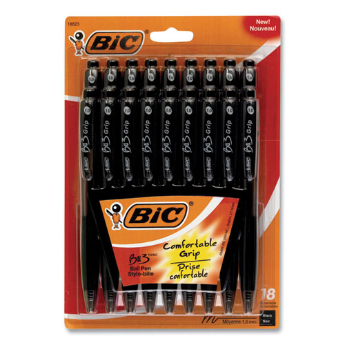 Image of Bic® Bu3 Ballpoint Pen, Retractable, Medium 1 Mm, Black Ink, Black Barrel, 18/Pack